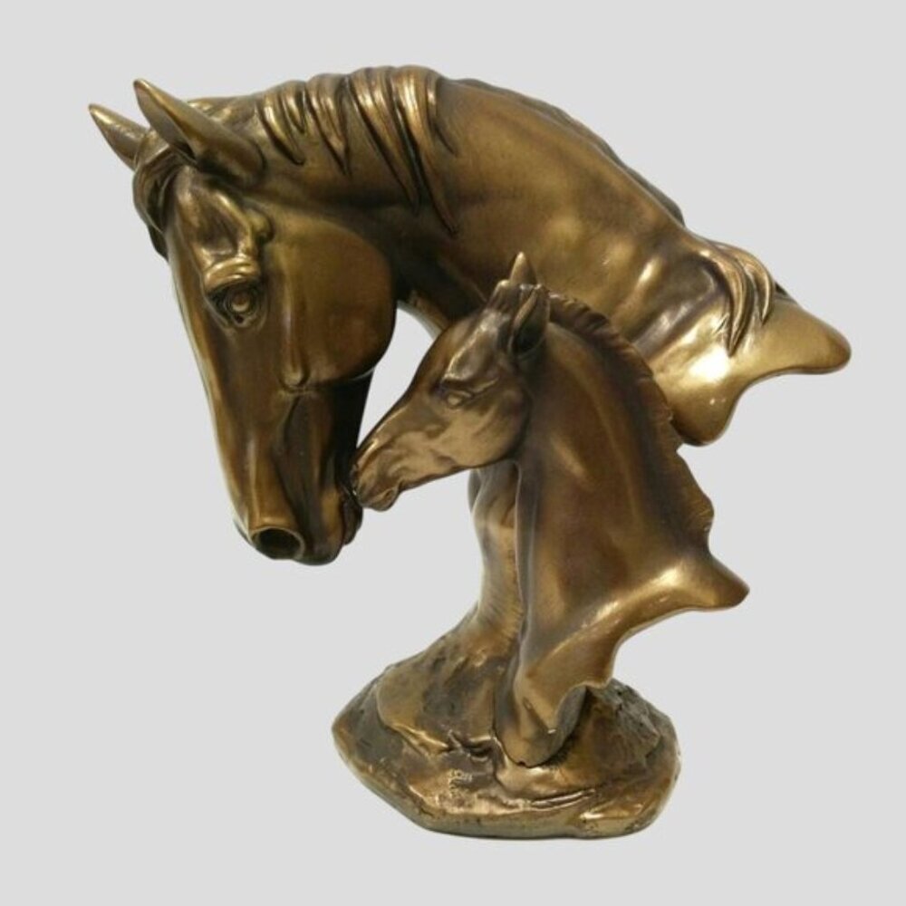 Bronze Color Horse And Foal Head Figurine Resin